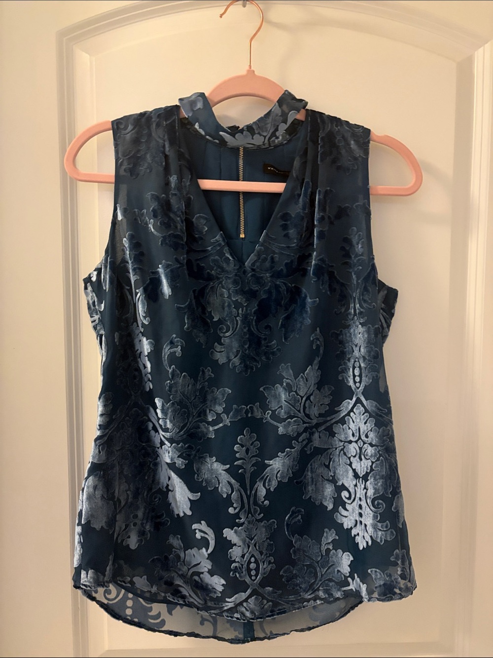 White House Black Market Teal Blue Velvet Burnout Floral Shell